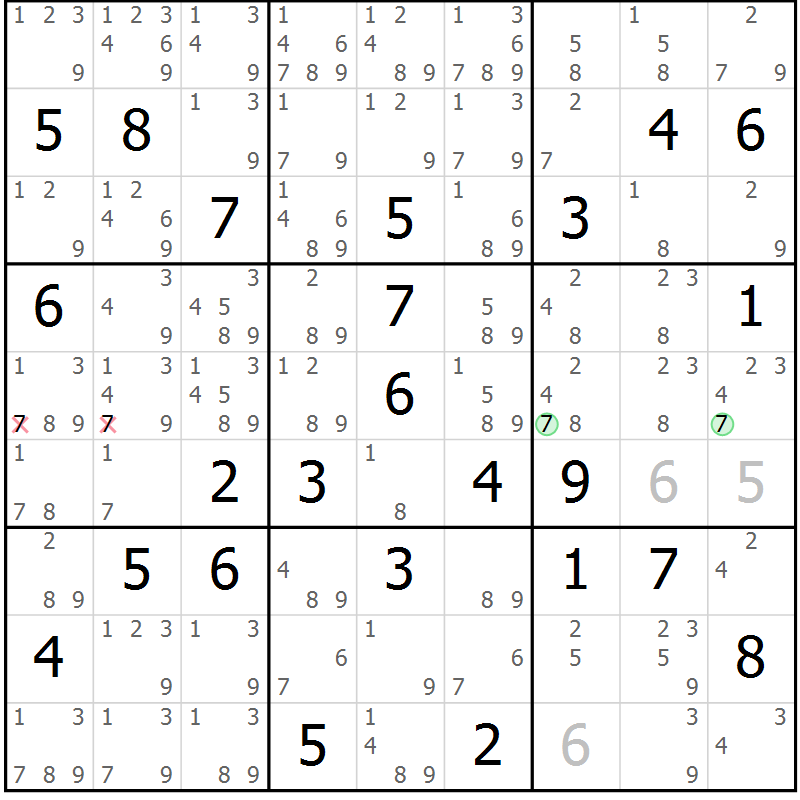Position des candidats pour la solution de la Gr 63 page 66 du magazine de sudoku Maestro n° 085