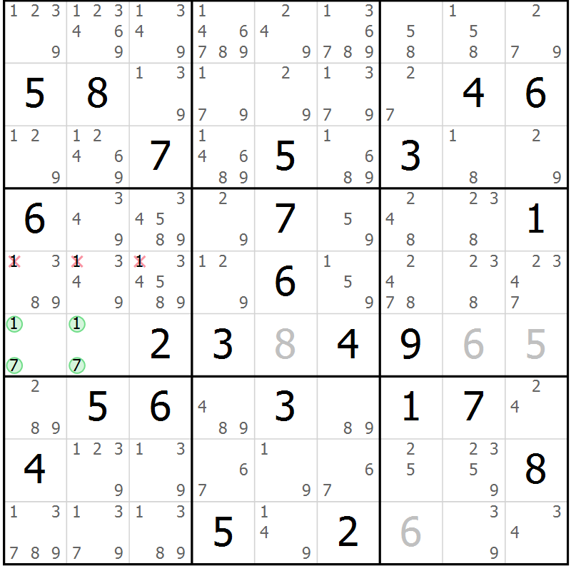 Position des candidats pour la solution de la Gr 63 page 66 du magazine de sudoku Maestro n° 085