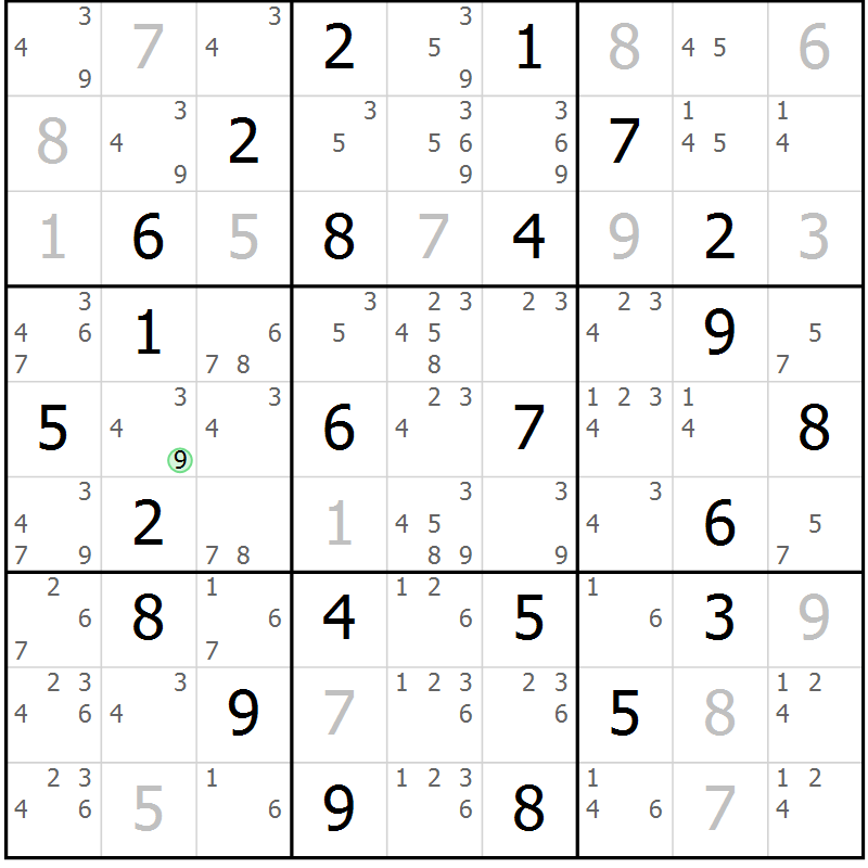 Position des candidats pour la solution de la Gr 64 page 67 du magazine de sudoku Maestro n° 085