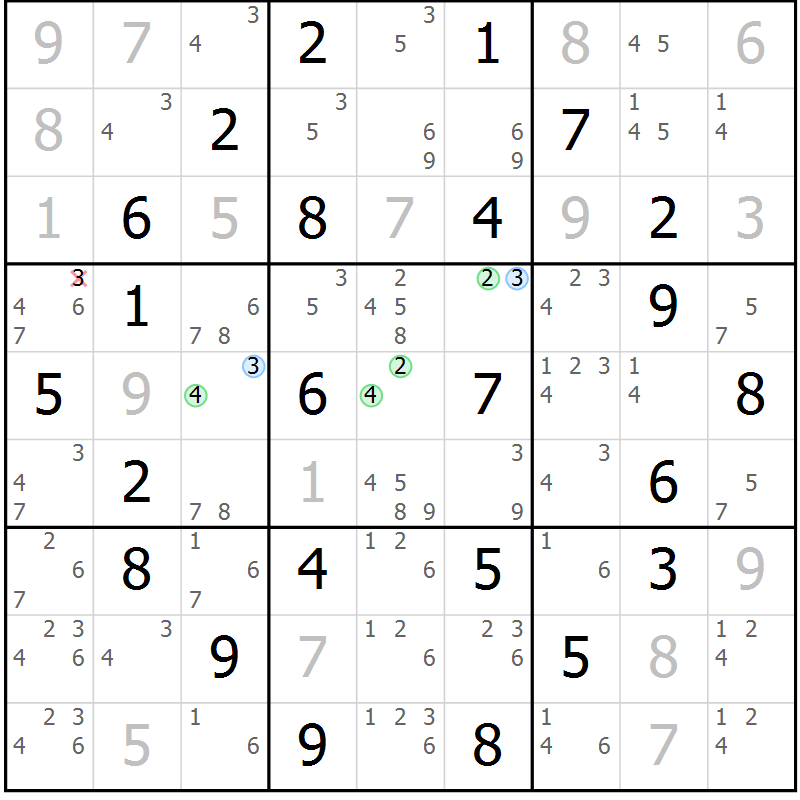Position des candidats pour la solution de la Gr 64 page 67 du magazine de sudoku Maestro n° 085