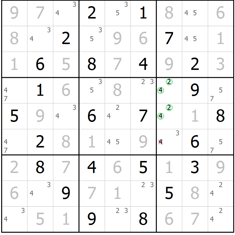 Position des candidats pour la solution de la Gr 64 page 67 du magazine de sudoku Maestro n° 085