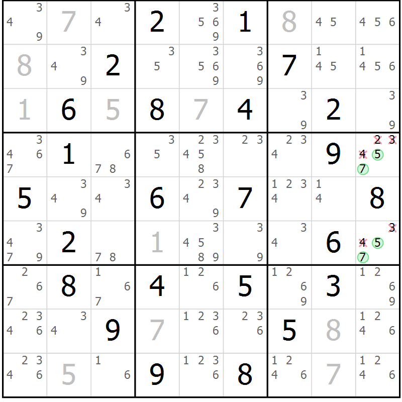 Position des candidats pour la solution de la Gr 64 page 67 du magazine de sudoku Maestro n° 085
