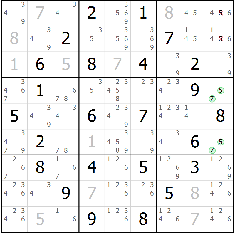 Position des candidats pour la solution de la Gr 64 page 67 du magazine de sudoku Maestro n° 085