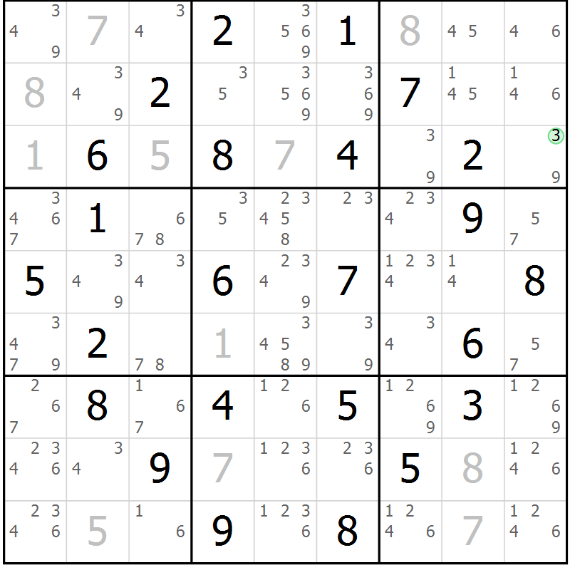 Position des candidats pour la solution de la Gr 64 page 67 du magazine de sudoku Maestro n° 085