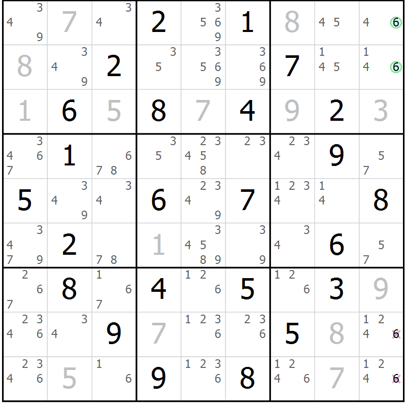 Position des candidats pour la solution de la Gr 64 page 67 du magazine de sudoku Maestro n° 085