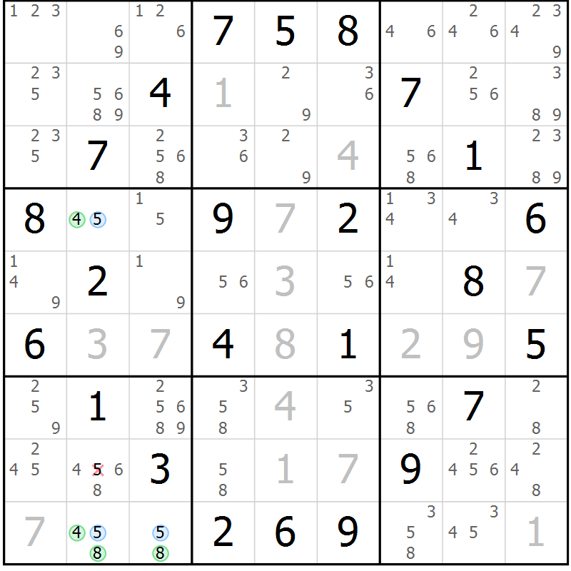 Position des candidats pour la solution de la Gr 65 page 68 du magazine de sudoku Maestro n° 085