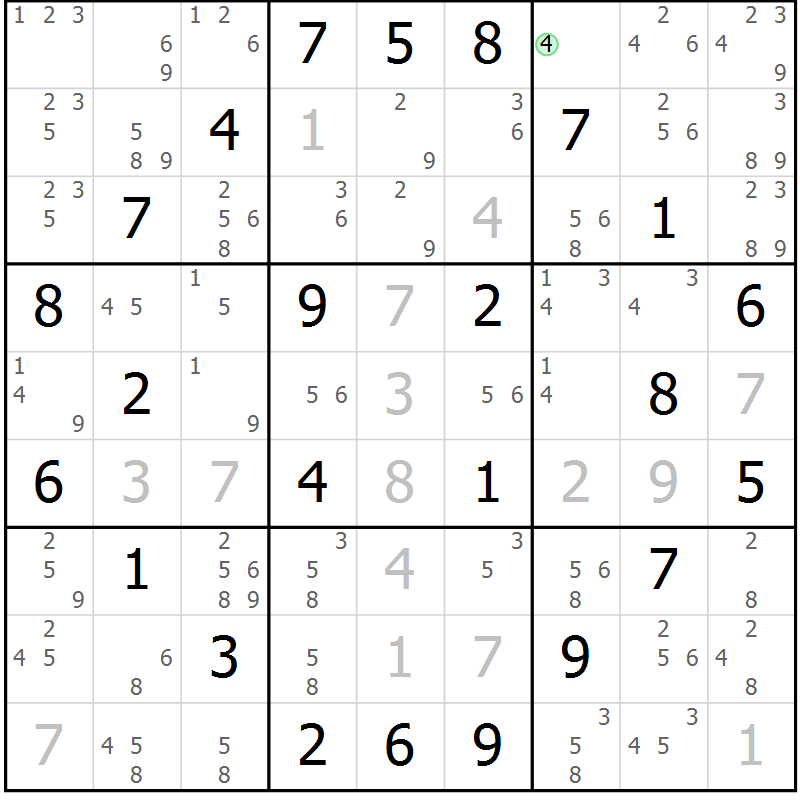 Position des candidats pour la solution de la Gr 65 page 68 du magazine de sudoku Maestro n° 085