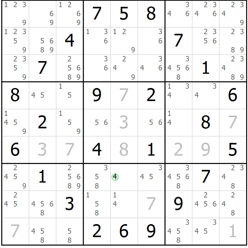 Position des candidats pour la solution de la Gr 65 page 68 du magazine de sudoku Maestro n° 085