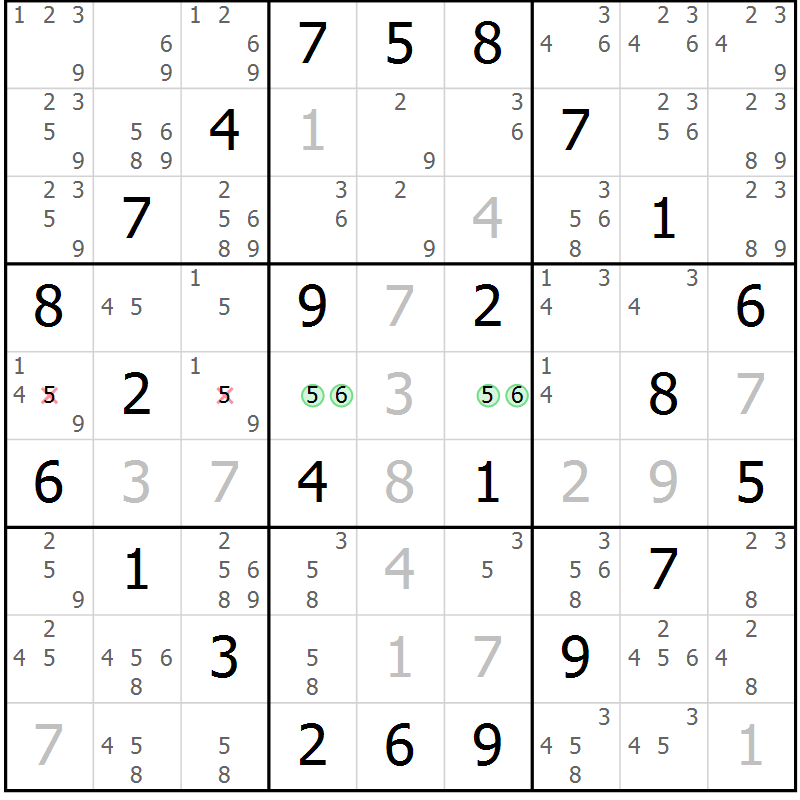 Position des candidats pour la solution de la Gr 65 page 68 du magazine de sudoku Maestro n° 085