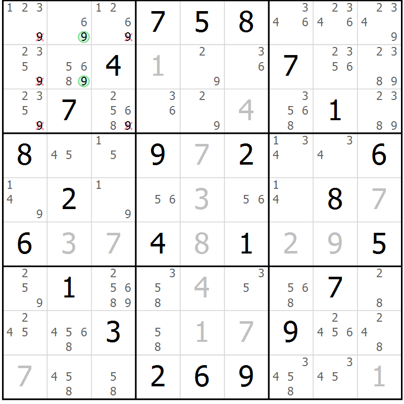 Position des candidats pour la solution de la Gr 65 page 68 du magazine de sudoku Maestro n° 085