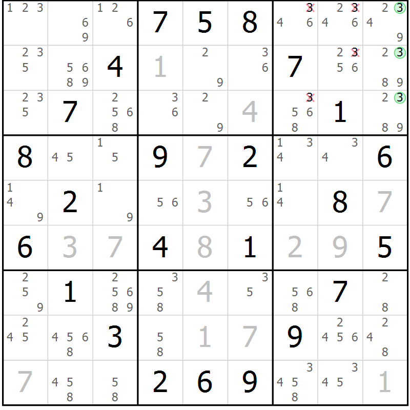 Position des candidats pour la solution de la Gr 65 page 68 du magazine de sudoku Maestro n° 085