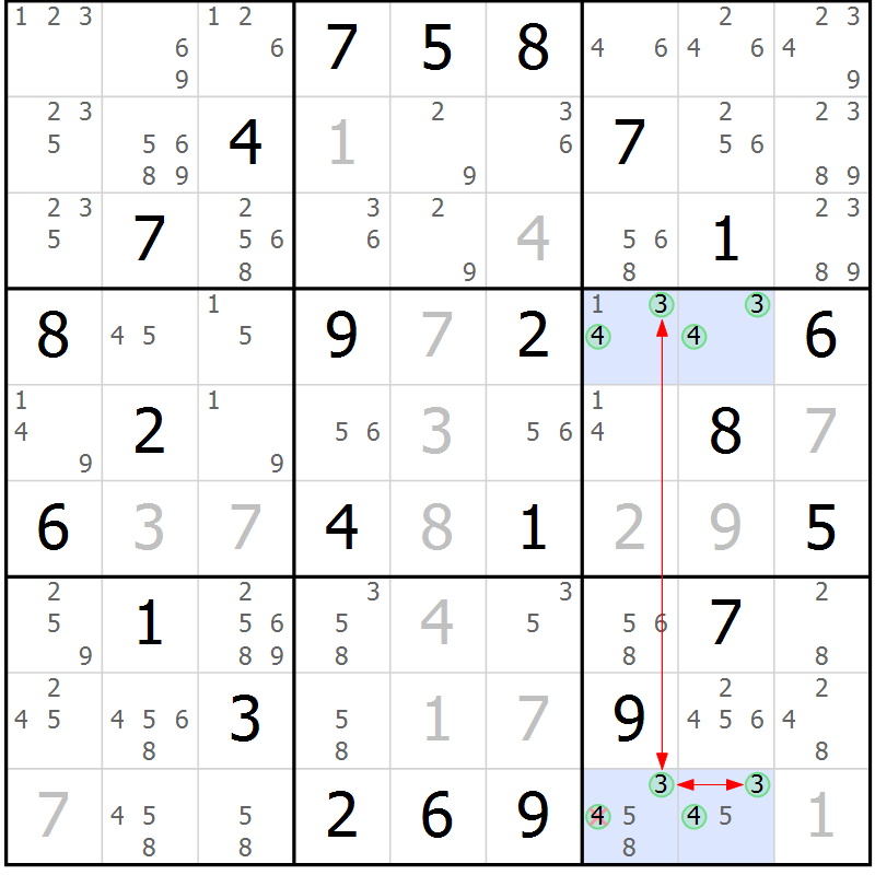 Position des candidats pour la solution de la Gr 65 page 68 du magazine de sudoku Maestro n° 085