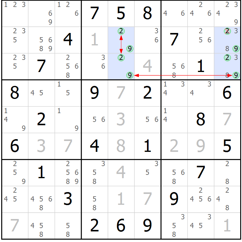 Position des candidats pour la solution de la Gr 65 page 68 du magazine de sudoku Maestro n° 085