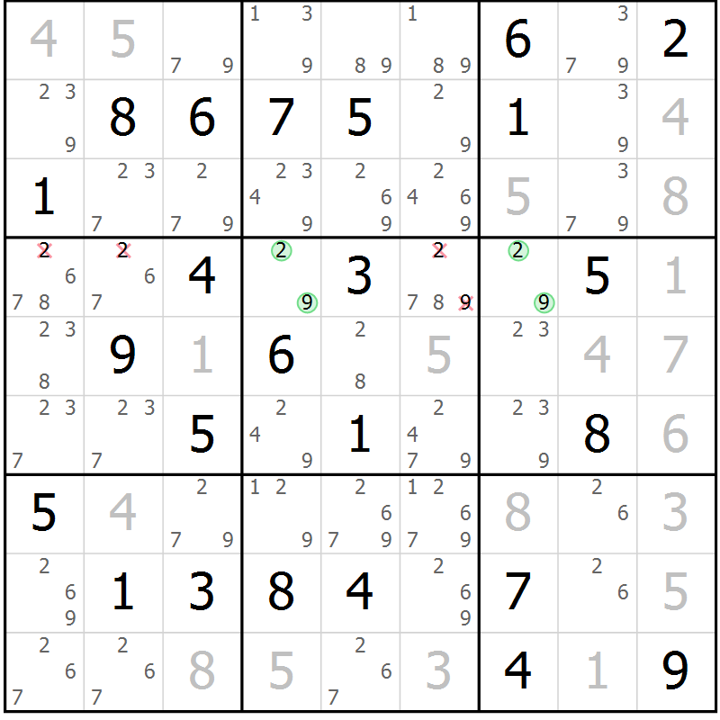 Position des candidats pour la solution de la Gr 66 page 69 du magazine de sudoku Maestro n° 085