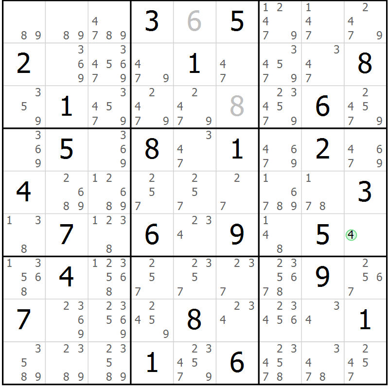 Position des candidats pour la solution de la Gr 67 page 70 du magazine de sudoku Maestro n° 085