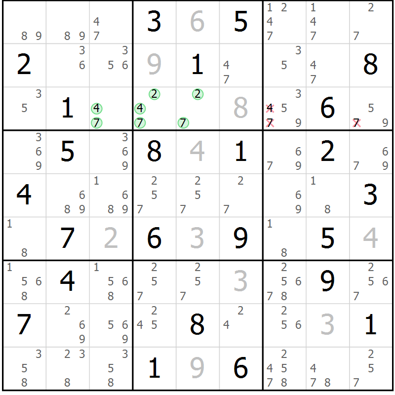 Position des candidats pour la solution de la Gr 67 page 70 du magazine de sudoku Maestro n° 085
