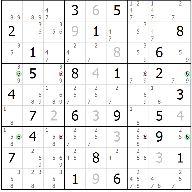 Position des candidats pour la solution de la Gr 67 page 70 du magazine de sudoku Maestro n° 085