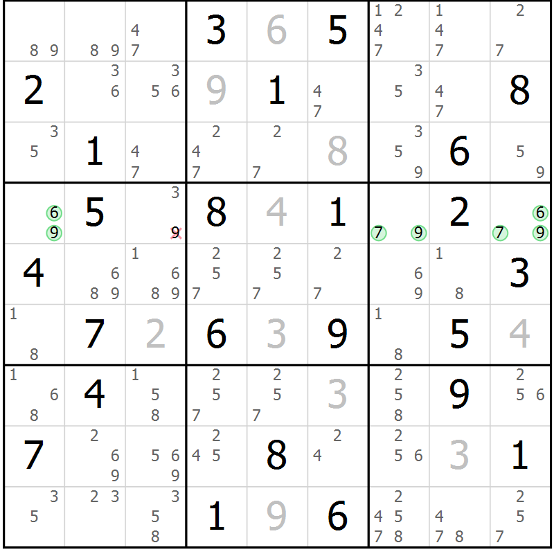 Position des candidats pour la solution de la Gr 67 page 70 du magazine de sudoku Maestro n° 085