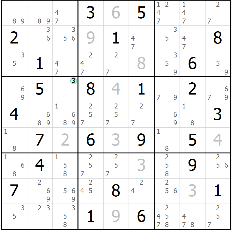 Position des candidats pour la solution de la Gr 67 page 70 du magazine de sudoku Maestro n° 085