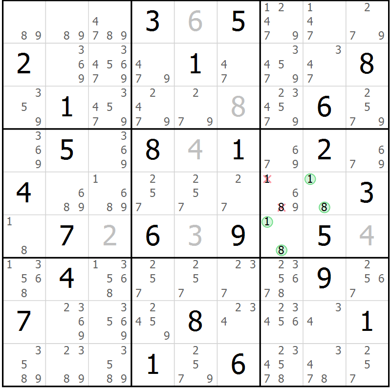 Position des candidats pour la solution de la Gr 67 page 70 du magazine de sudoku Maestro n° 085