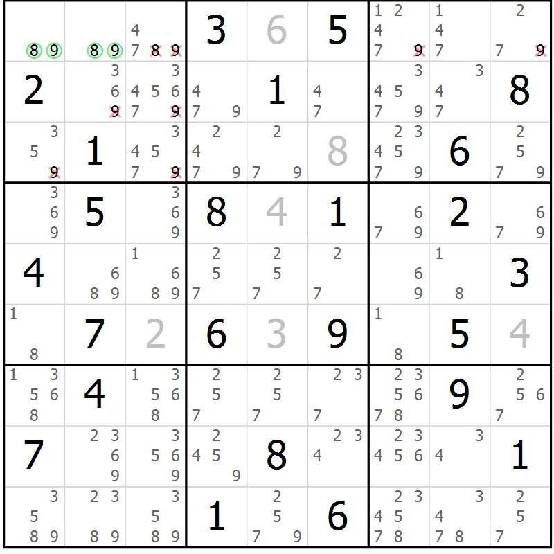 Position des candidats pour la solution de la Gr 67 page 70 du magazine de sudoku Maestro n° 085