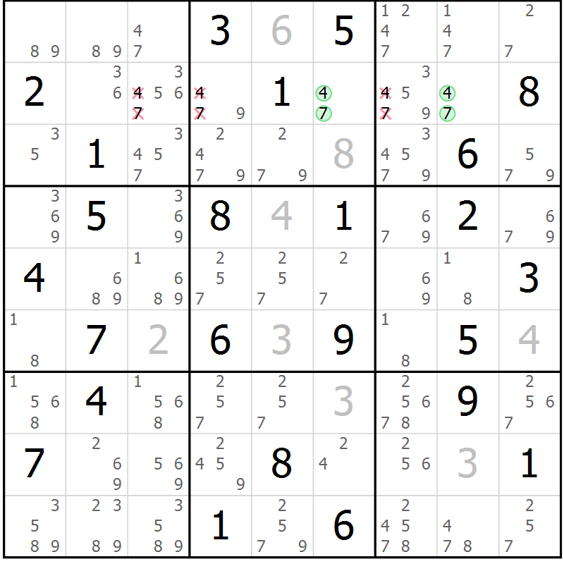 Position des candidats pour la solution de la Gr 67 page 70 du magazine de sudoku Maestro n° 085