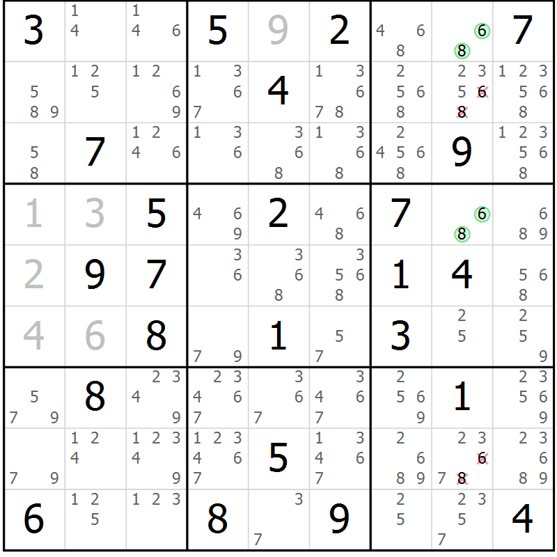 Position des candidats pour la solution de la Gr 68 page 71 du magazine de sudoku Maestro n° 085