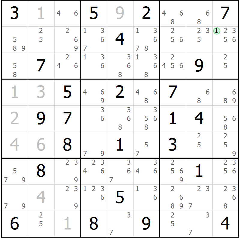 Position des candidats pour la solution de la Gr 68 page 71 du magazine de sudoku Maestro n° 085