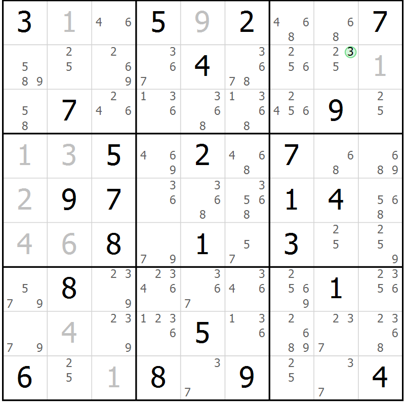 Position des candidats pour la solution de la Gr 68 page 71 du magazine de sudoku Maestro n° 085