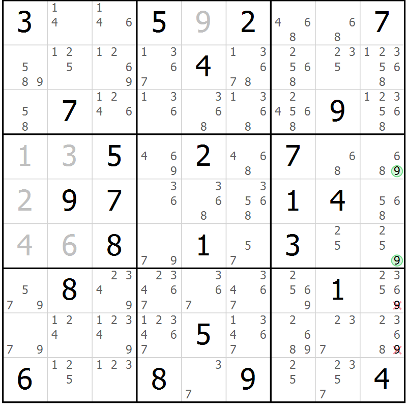 Position des candidats pour la solution de la Gr 68 page 71 du magazine de sudoku Maestro n° 085