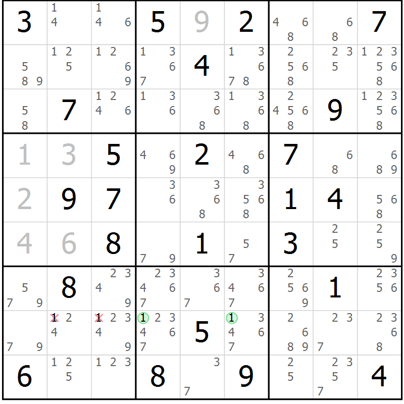 Position des candidats pour la solution de la Gr 68 page 71 du magazine de sudoku Maestro n° 085