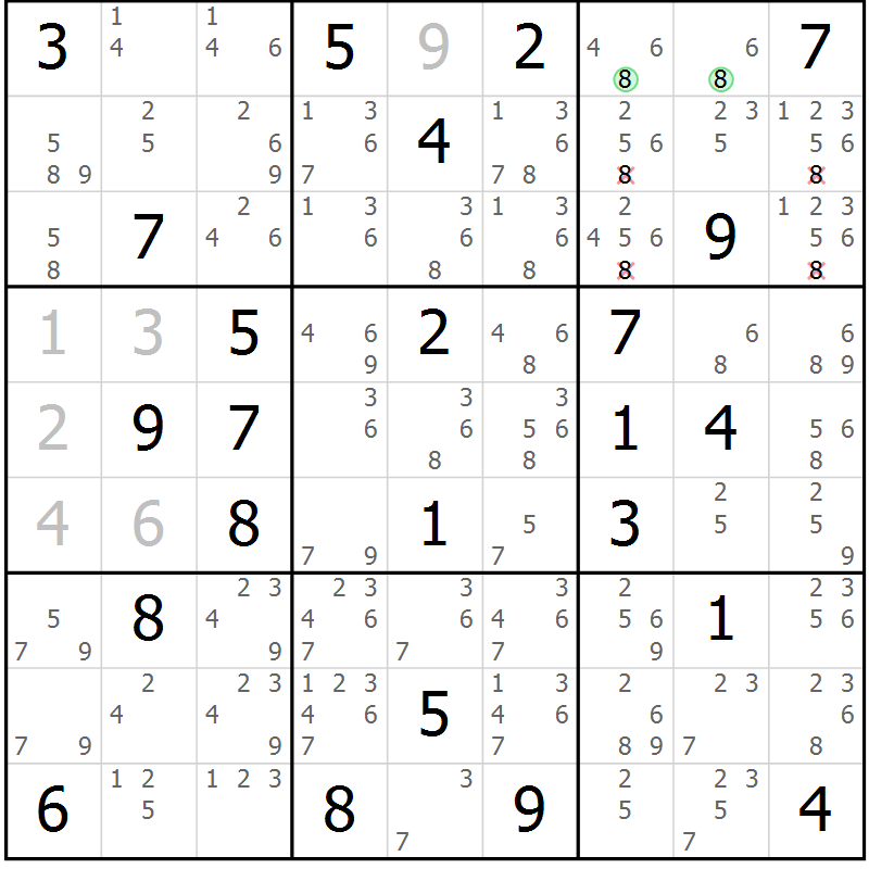 Position des candidats pour la solution de la Gr 68 page 71 du magazine de sudoku Maestro n° 085