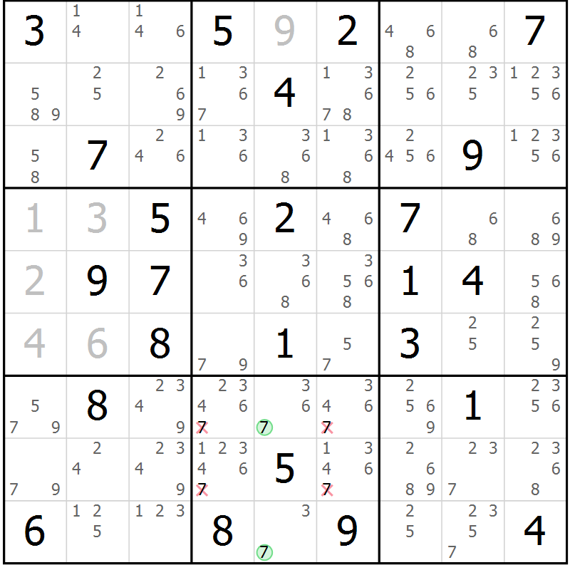Position des candidats pour la solution de la Gr 68 page 71 du magazine de sudoku Maestro n° 085