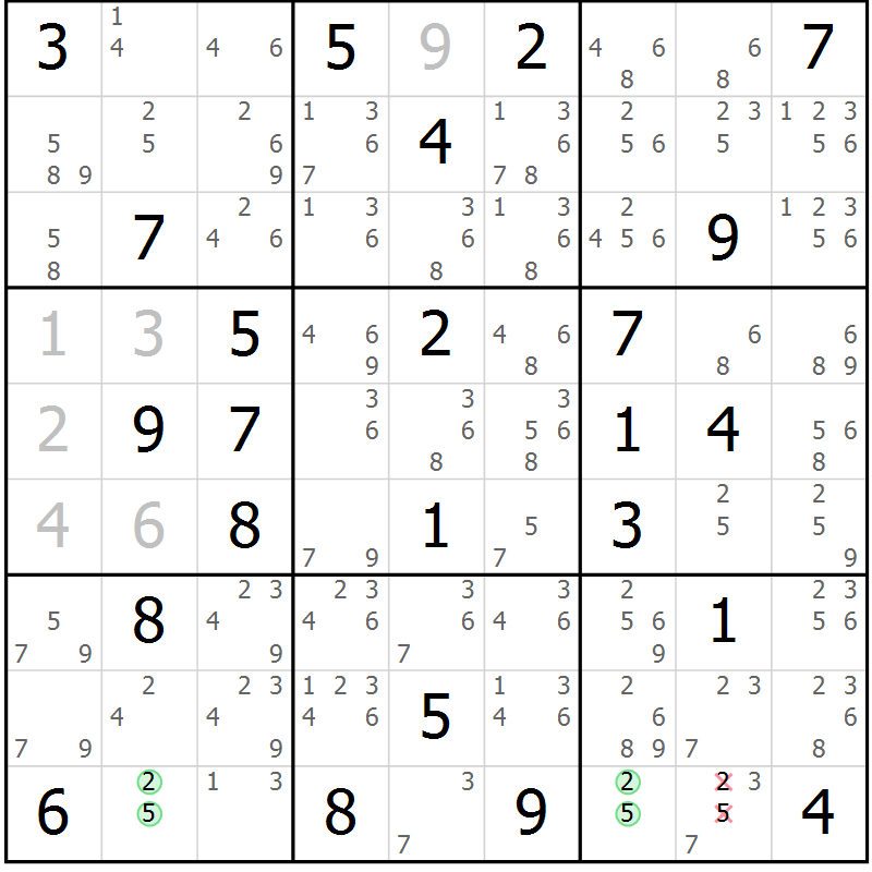 Position des candidats pour la solution de la Gr 68 page 71 du magazine de sudoku Maestro n° 085