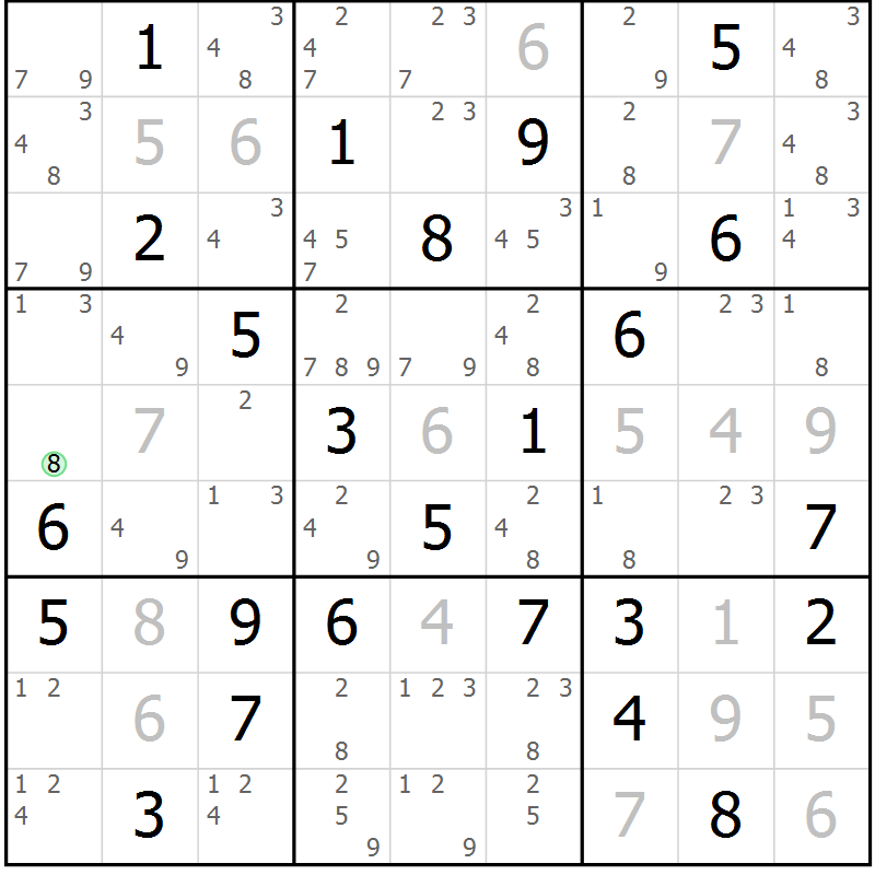 Position des candidats pour la solution de la Gr 69 page 72 du magazine de sudoku Maestro n° 085