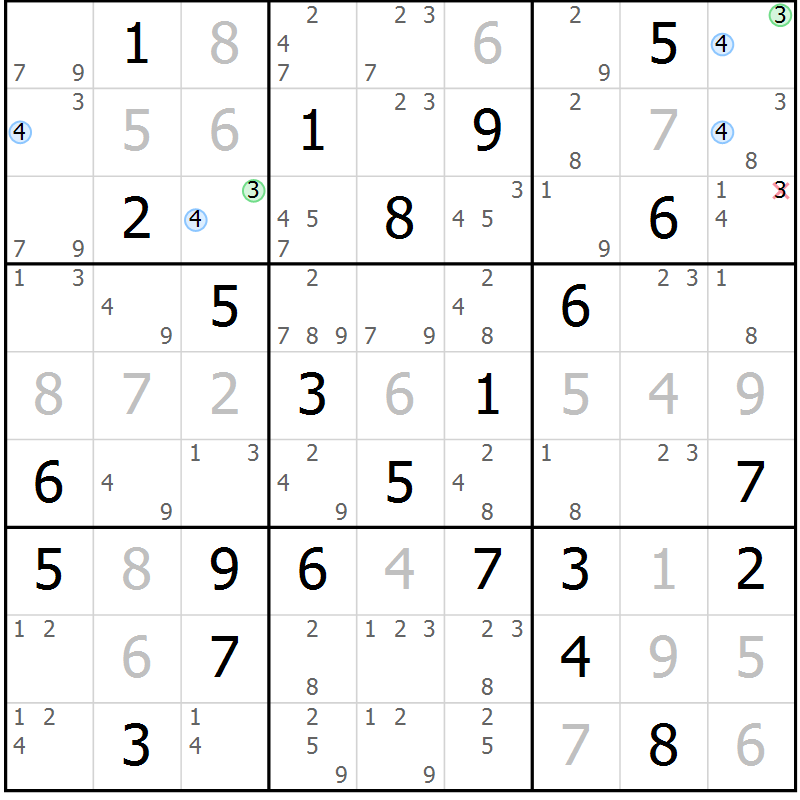 Position des candidats pour la solution de la Gr 69 page 72 du magazine de sudoku Maestro n° 085