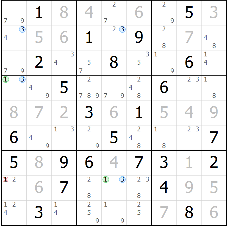 Position des candidats pour la solution de la Gr 69 page 72 du magazine de sudoku Maestro n° 085