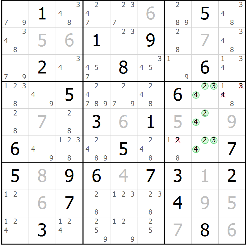 Position des candidats pour la solution de la Gr 69 page 72 du magazine de sudoku Maestro n° 085