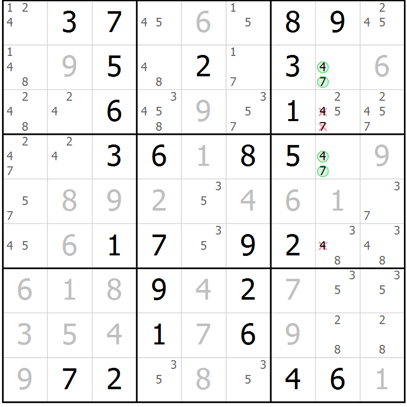 Position des candidats pour la solution de la Gr 7 page 10 du magazine de sudoku Maestro n° 085