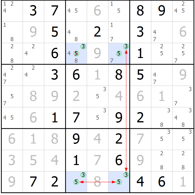 Position des candidats pour la solution de la Gr 7 page 10 du magazine de sudoku Maestro n° 085