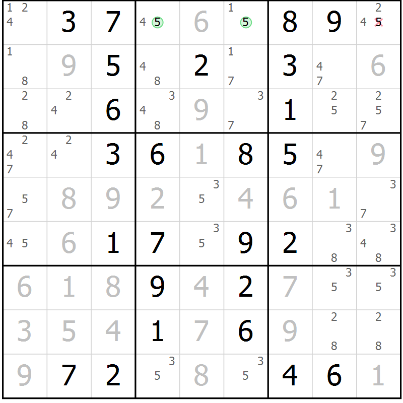 Position des candidats pour la solution de la Gr 7 page 10 du magazine de sudoku Maestro n° 085
