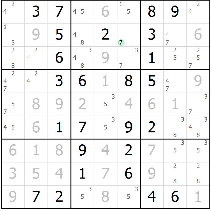 Position des candidats pour la solution de la Gr 7 page 10 du magazine de sudoku Maestro n° 085