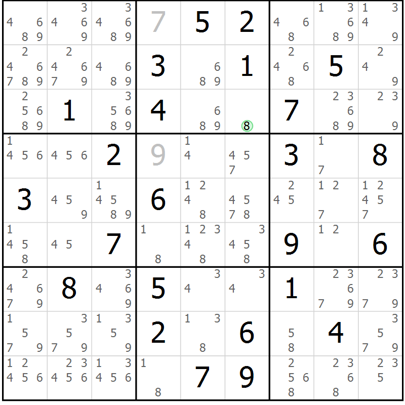 Position des candidats pour la solution de la Gr 70 page 73 du magazine de sudoku Maestro n° 085