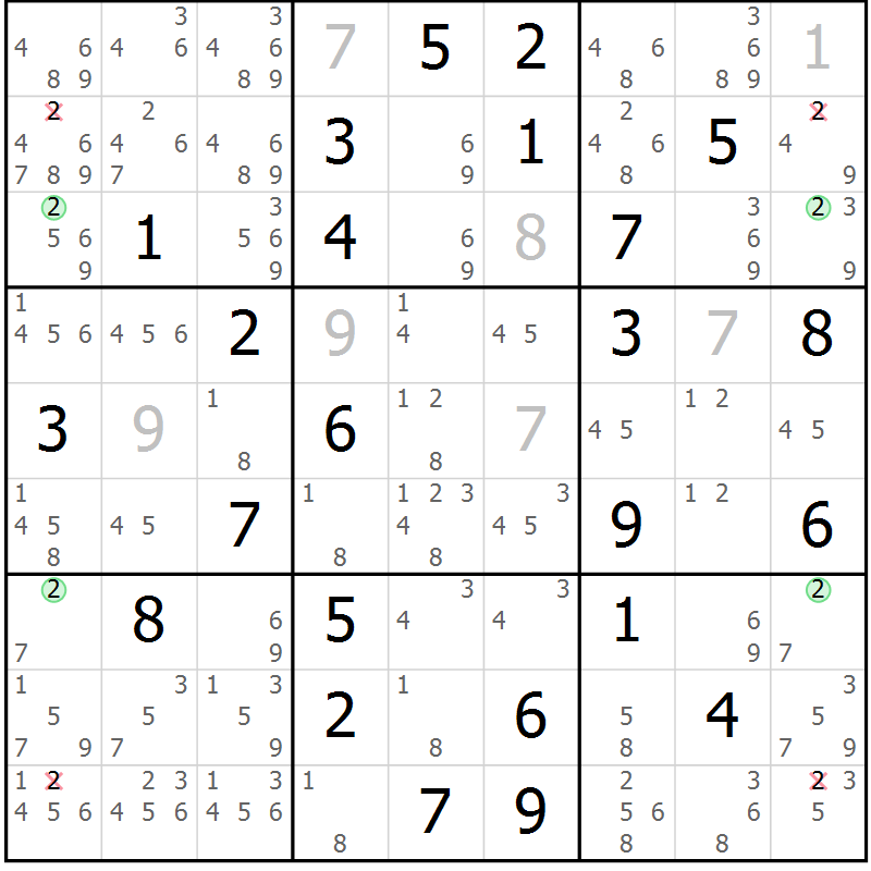 Position des candidats pour la solution de la Gr 70 page 73 du magazine de sudoku Maestro n° 085