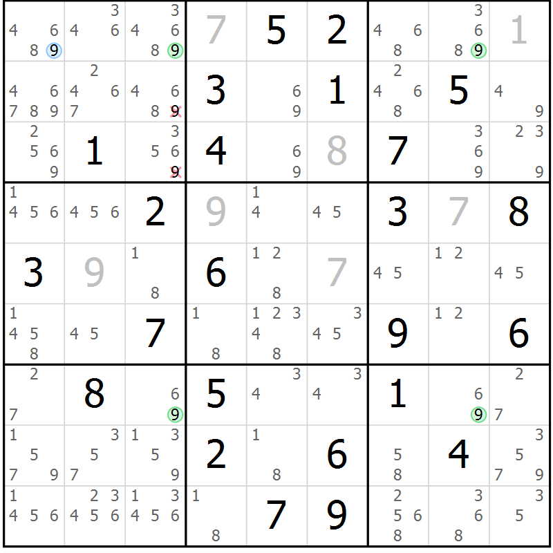 Position des candidats pour la solution de la Gr 70 page 73 du magazine de sudoku Maestro n° 085
