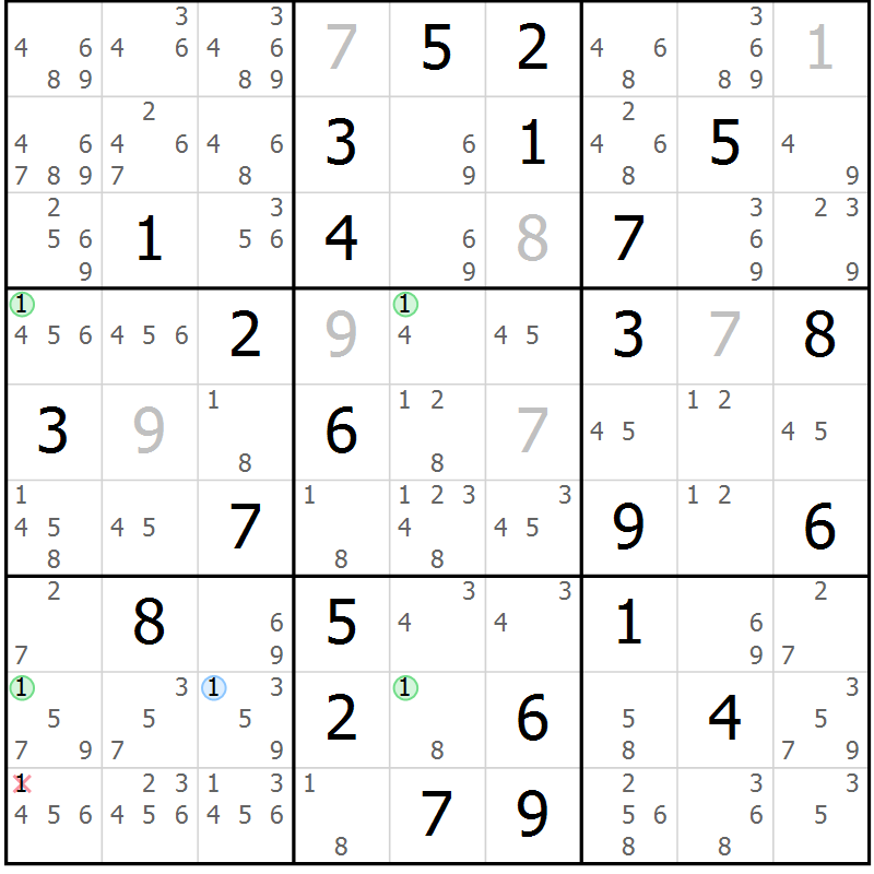 Position des candidats pour la solution de la Gr 70 page 73 du magazine de sudoku Maestro n° 085