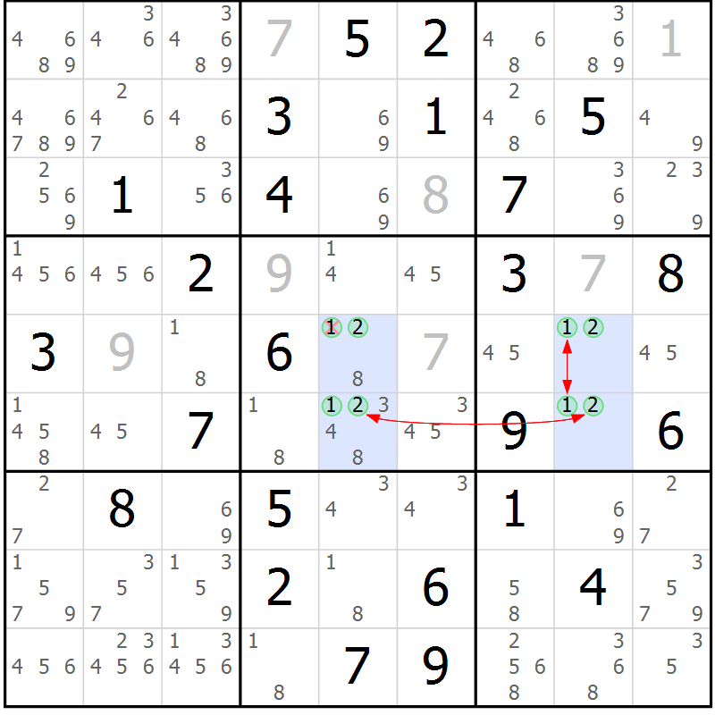 Position des candidats pour la solution de la Gr 70 page 73 du magazine de sudoku Maestro n° 085