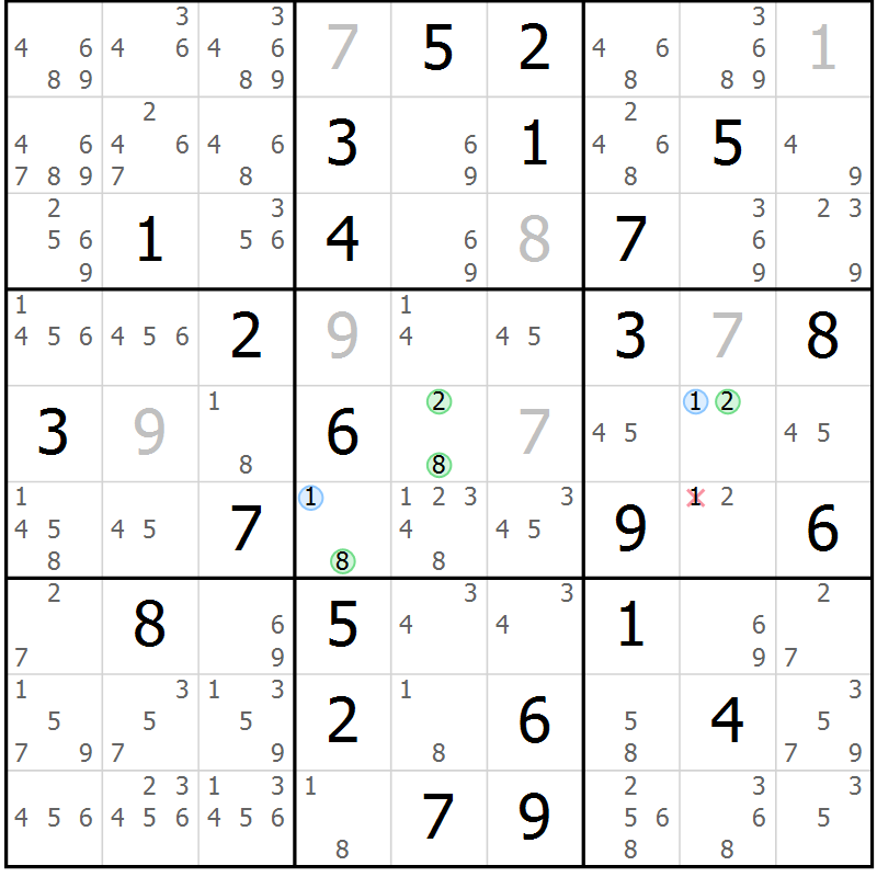 Position des candidats pour la solution de la Gr 70 page 73 du magazine de sudoku Maestro n° 085