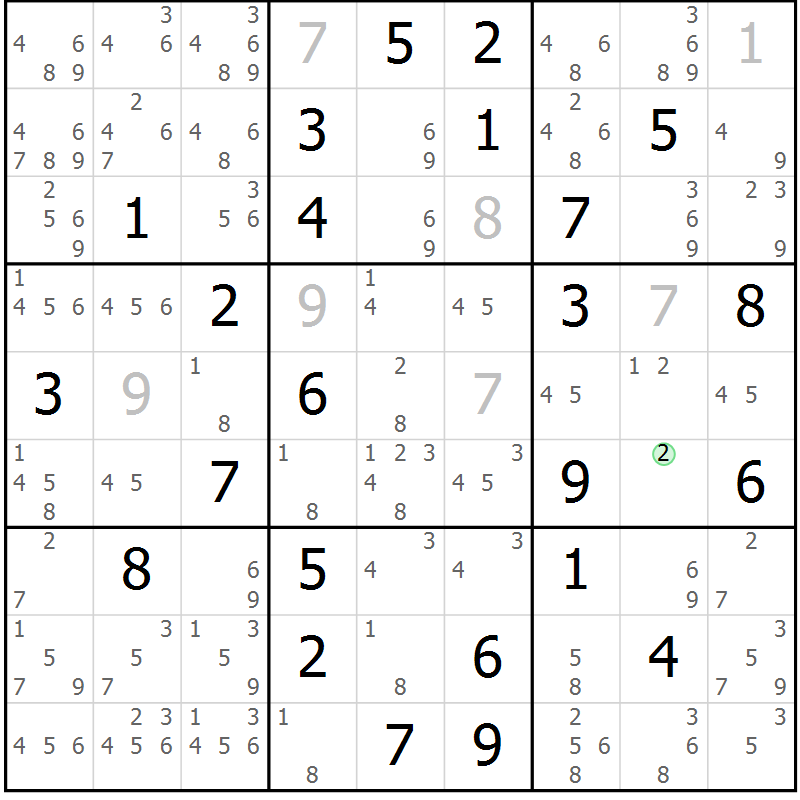 Position des candidats pour la solution de la Gr 70 page 73 du magazine de sudoku Maestro n° 085