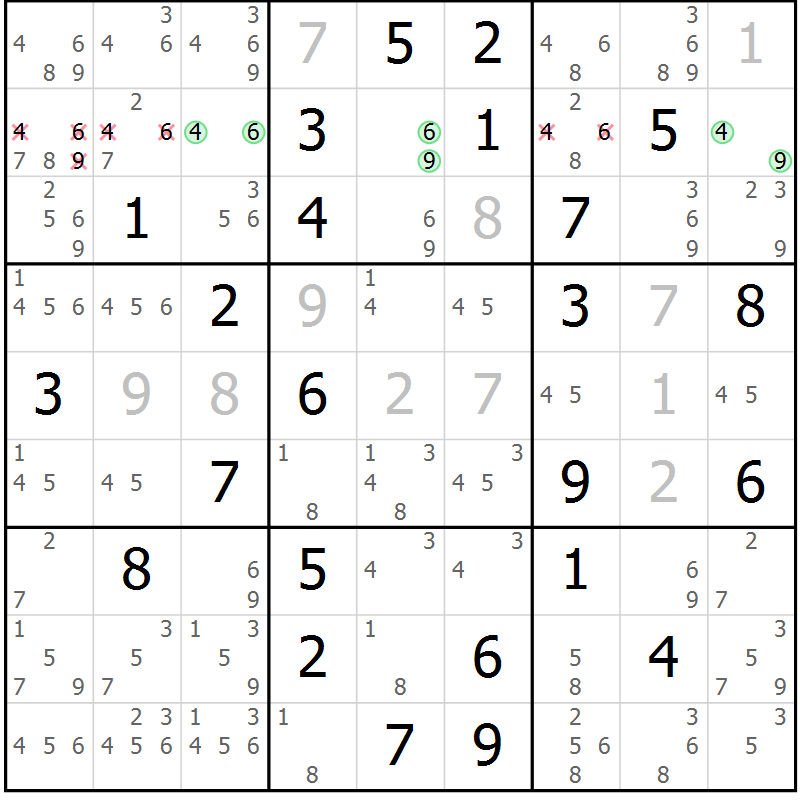 Position des candidats pour la solution de la Gr 70 page 73 du magazine de sudoku Maestro n° 085